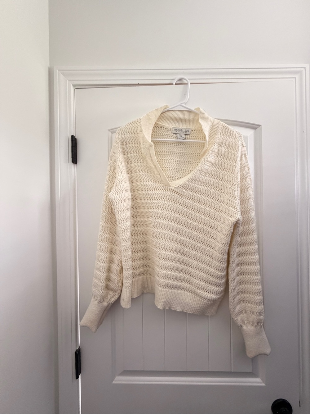 Rachel Zoe Ivory Open-Knit V-Neck Sweater